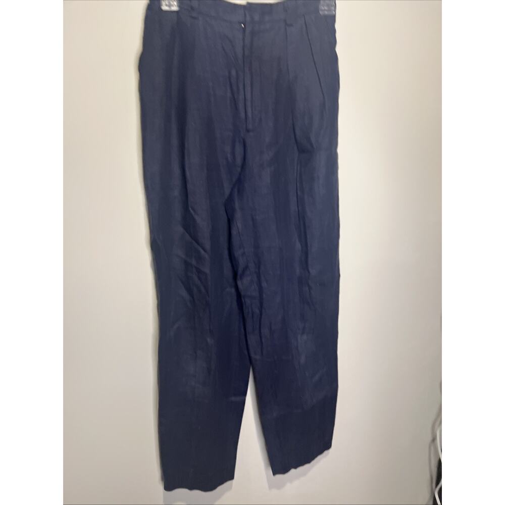 Linda Allard Ellen Tracy Navy Blue Linen Pleated High Waist Trousers Pants 26